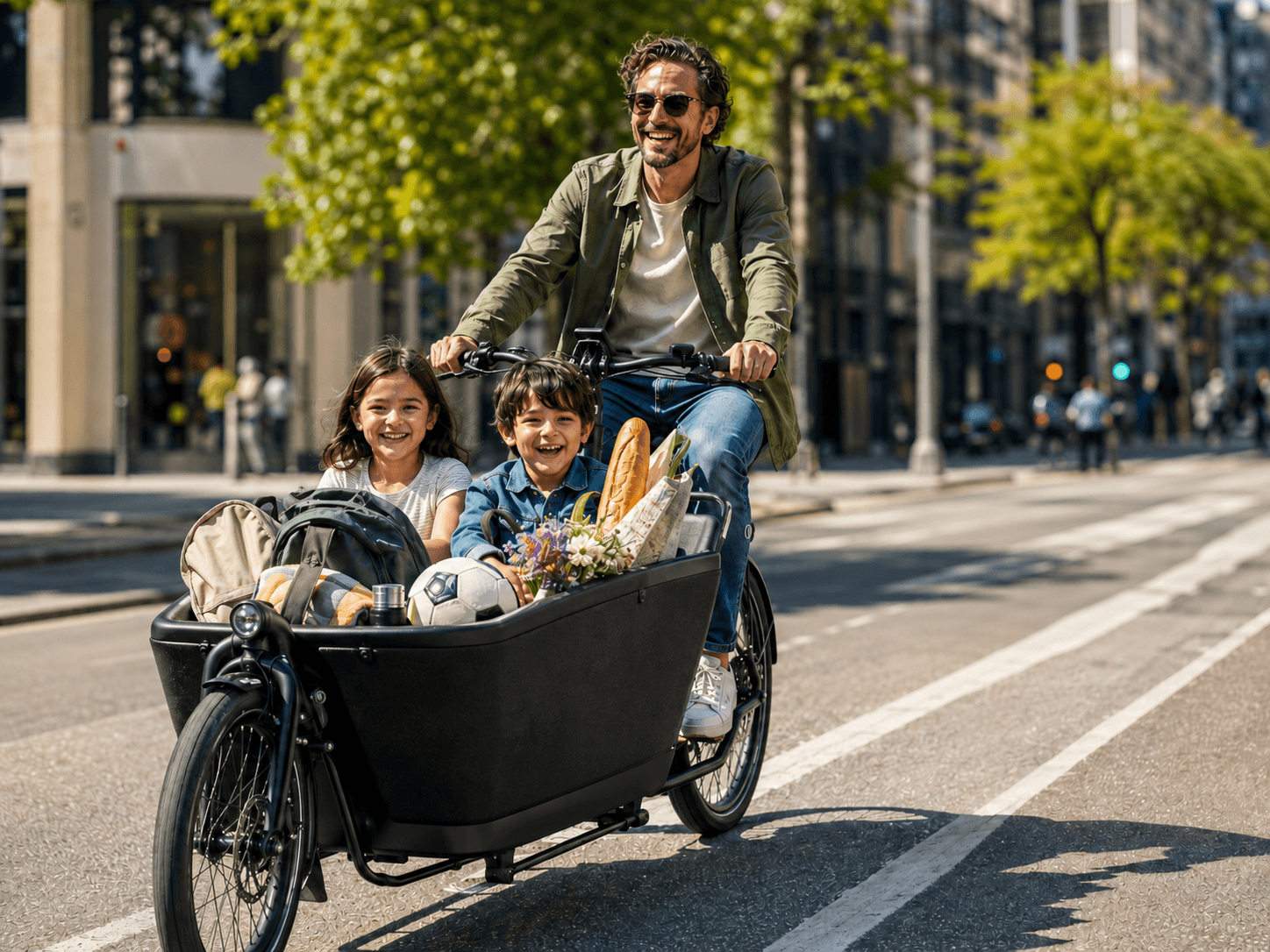 Dad riding a cargo e-bike with two kids and groceries through the city